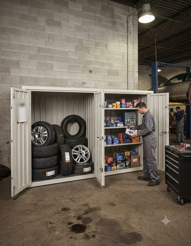 Multi-compartment unit in an auto shop holding tires, wheels and parts