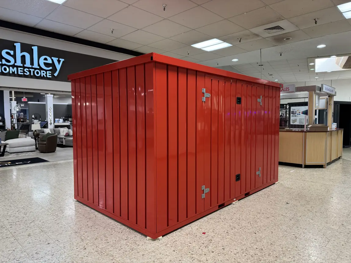 Red steel storage vault on display