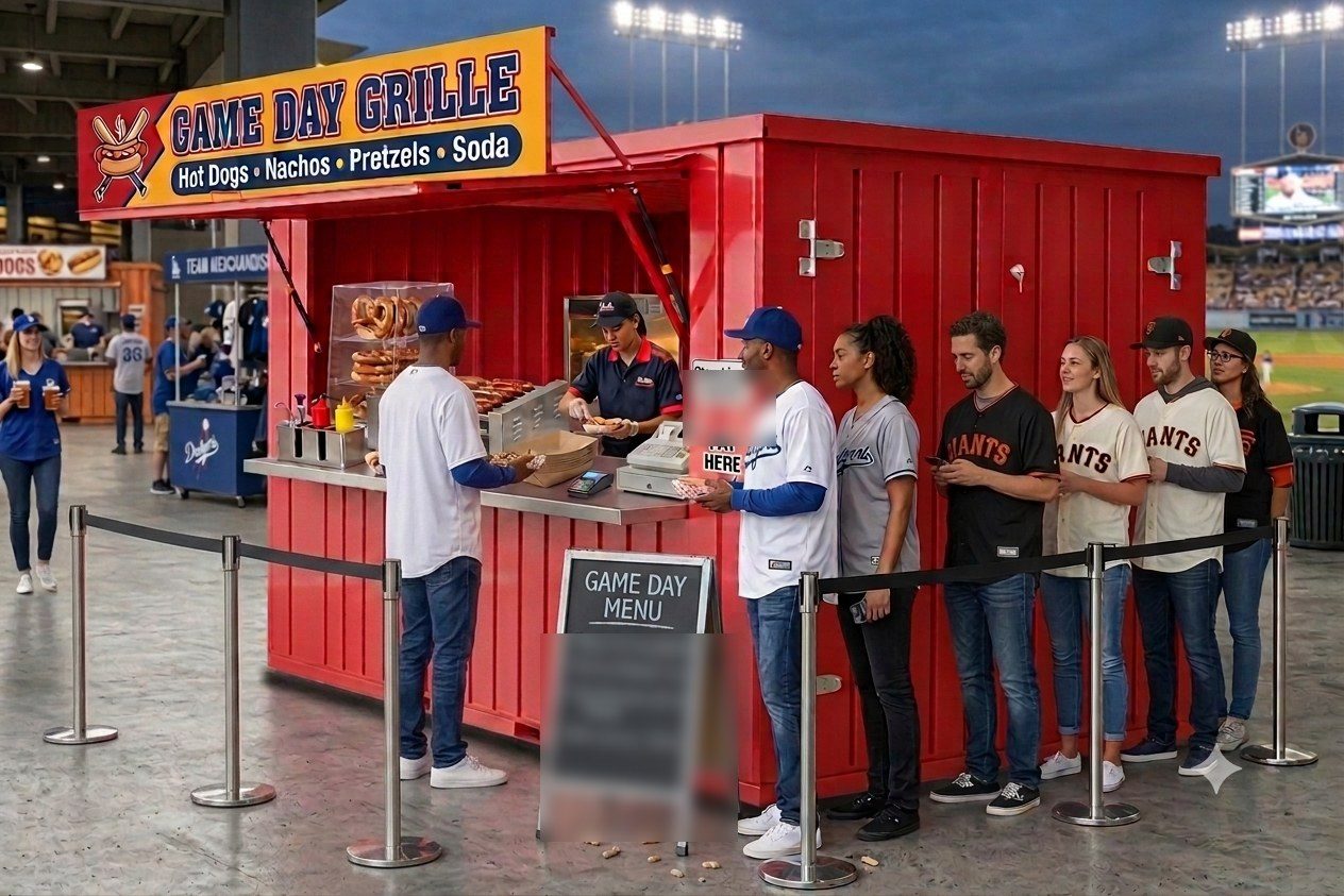 A busy kiosk concession stand serving a line of customers