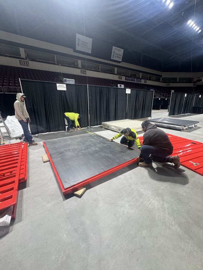 Steel storage panels assembled in an arena
