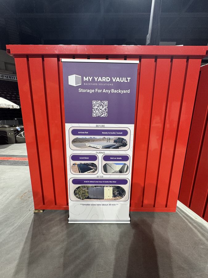 Steel storage unit at a trade-show booth