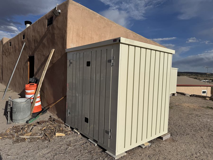 Steel storage vault in a backyard