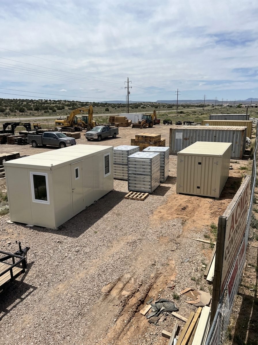 Office unit and flat-pack pallets staged in a yard