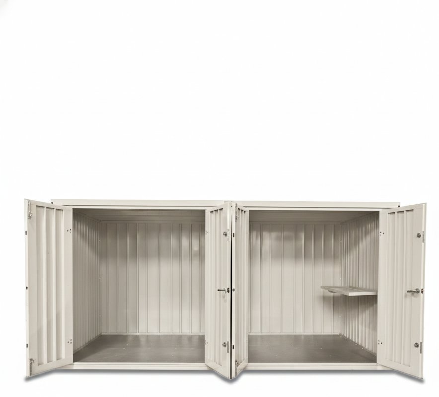 Oyster multi-compartment unit with doors open and shelving