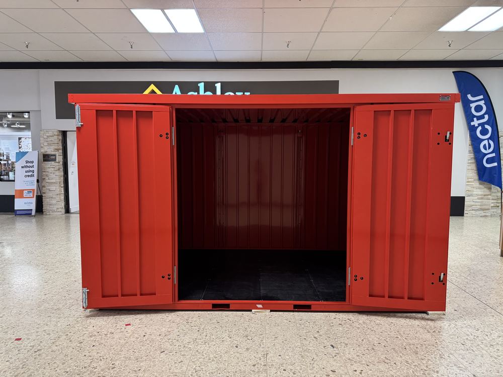 Steel storage vault with open doors