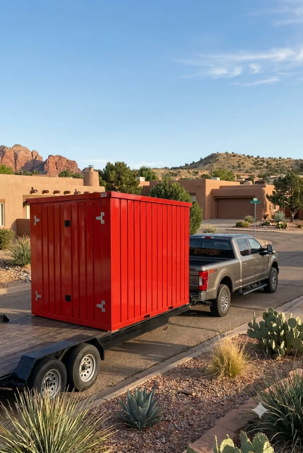 My Yard Vault 4 Corners mobile showroom delivered on a trailer to a Four Corners home