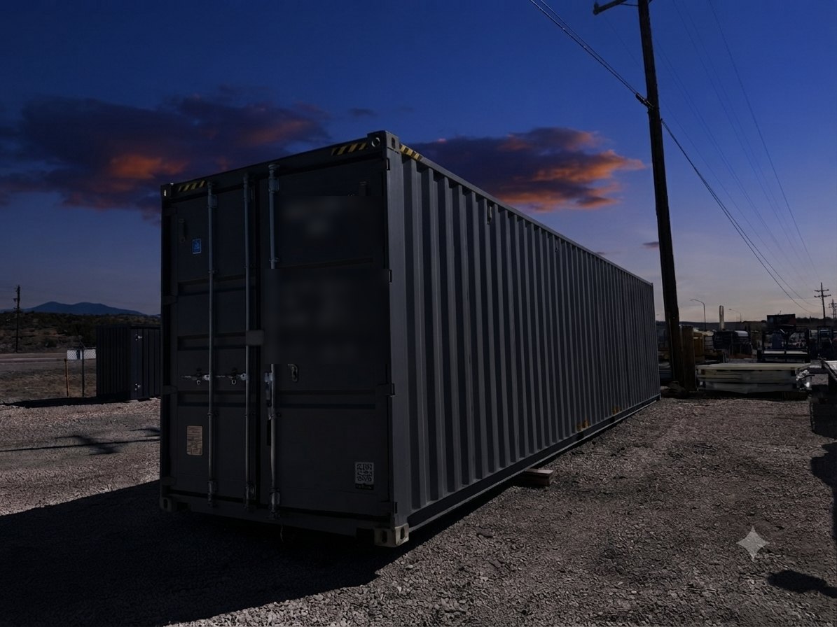 Charcoal one-trip shipping container at dusk in a Four Corners lot