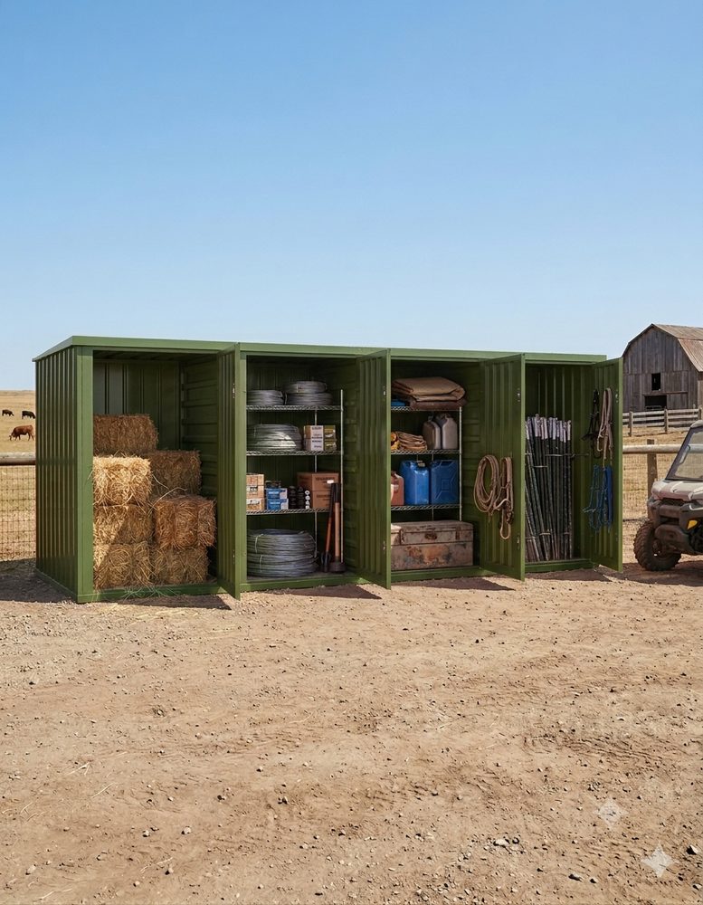 Green multi-compartment unit on a ranch holding feed, tack and fencing